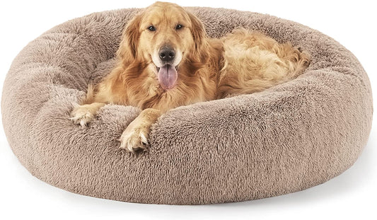 Calming Dog Bed for Extra Large Dogs - Donut Washable Large Pet Bed, 45 Inches Anti-Slip round Fluffy Plush Faux Fur Dog Bed, Fits up to 120 Lbs Pets, Camel