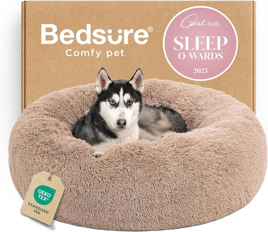 Calming Dog Beds Large Sized Dog - Donut Washable Large Pet Bed, 36 Inches Anti-Slip round Fluffy Plush Faux Fur Dogs Bed, Fits up to 80 Lbs Pets, Camel