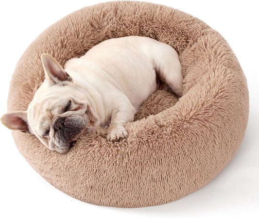 Calming Dog Bed Medium Large Size Dogs - Donut Washable Large Pet Bed, 33 Inches Anti-Slip round Fluffy Plush Faux Fur Dog Bed, Camel