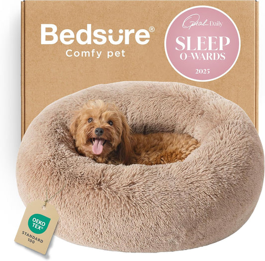 Calming Dog Bed for Small Medium Dogs - Donut Washable Medium Puppy Bed, 27 Inches Anti-Slip round Fluffy Plush Faux Fur Pet Bed, Camel