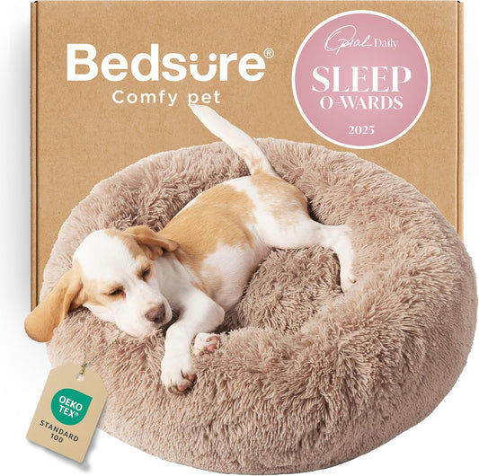 Calming Dog Bed for Small Dogs - Donut Washable Small Puppy Bed, 23 Inches Anti-Slip round Fluffy Plush Faux Fur Large Cat Bed, Fits up to 25 Lbs Pets, Camel
